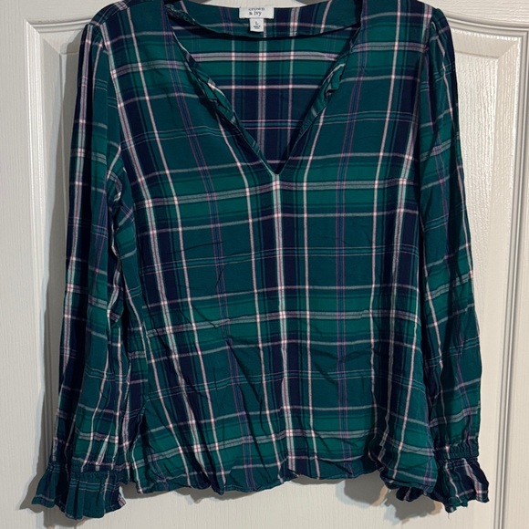 crown & ivy Tops - crown & ivy Green Plaid V-Neck Blouse
